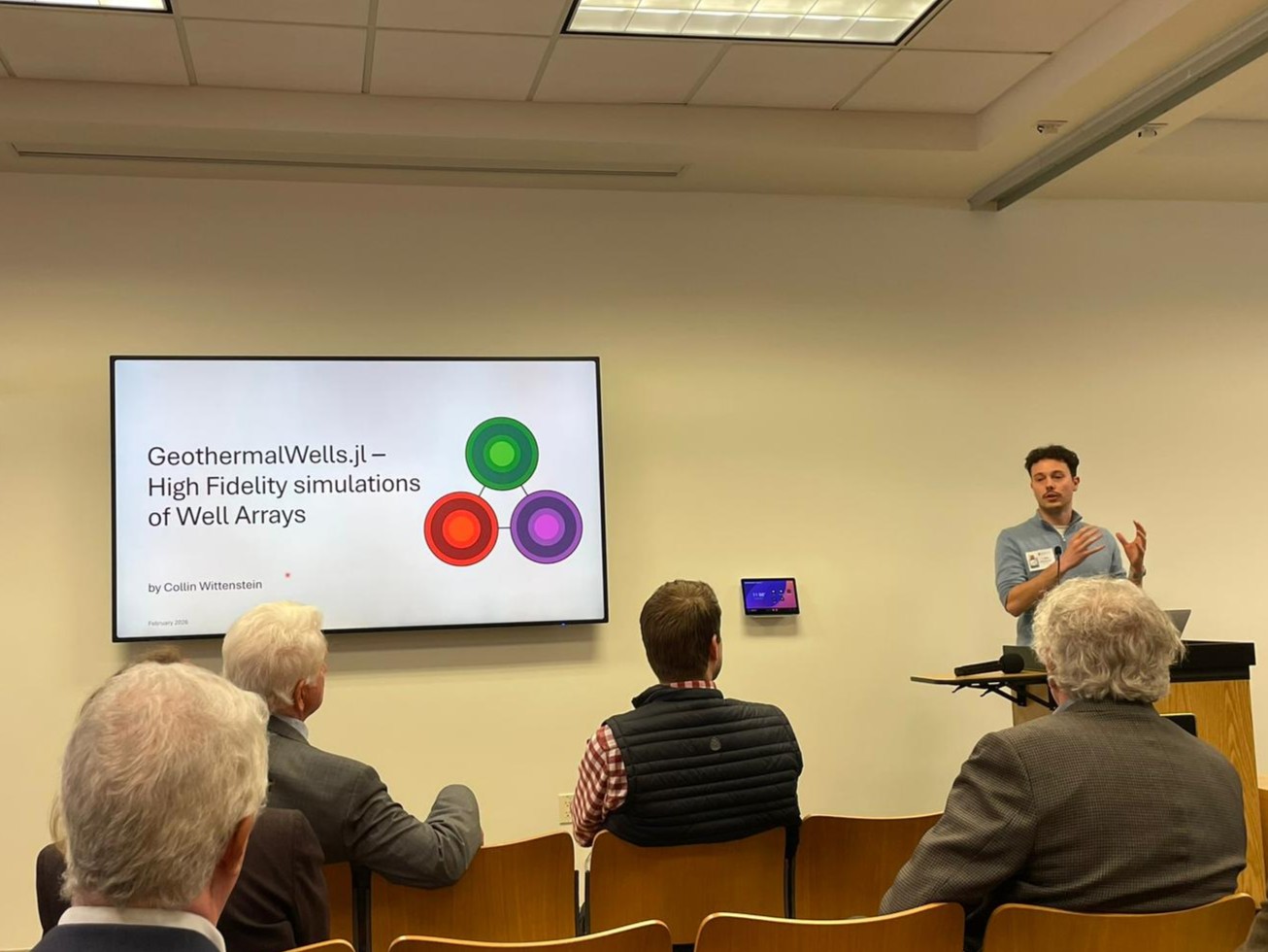 Collin Wittenstein presenting GeothermalWells.jl at the Stanford Geothermal Workshop